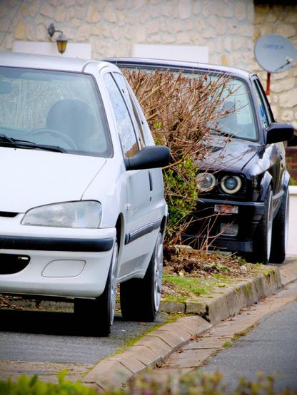 L'image montre deux voitures garées sur le côté d'une rue. La voiture au premier plan est une peugeot 106 blanche, et derrière elle, il semble que ce soit une BMW E30 noire. Il y a un buisson entre les voitures et un mur de pierre à l'arrière-plan auquel est attachée une antenne parabolique.