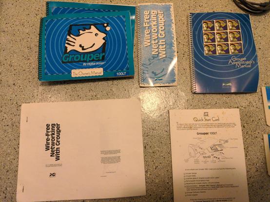 Some spiral bound manuals and a US letter-sized (stapled with rusty staples) manual. With a blue and green cover: Grouper By Digital Ocean The Owner's Manual 100LT. Light blue on white: Wire-Free Networking with Grouper. In blue: Grouper Administrator's Manual. Printed in black on white paper and stapled: Wire-Free Networking With Grouper. And a stained Quick Start Card for the Grouper 100LT. The edges of two floppies and a gray cable can be seen in the corners.