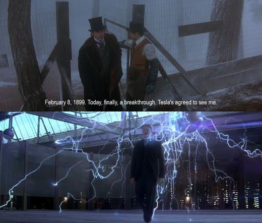 Two frames. One, a man lets another man into a gate in a misty forest. The subtitle reads, "February 8, 1899. Today, finally, a breakthrough. Tesla's agreed to see me." The second shows a man walking across a platform with electricity sparking behind him.