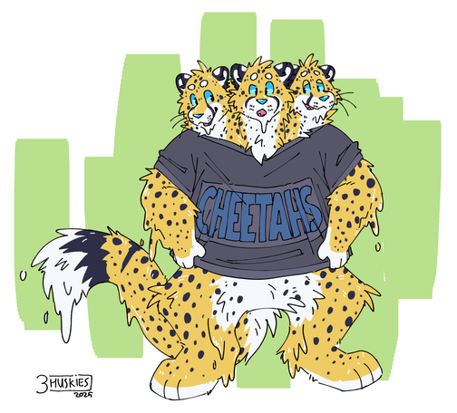 Goopy cheetah KitTaiIke but their favorite HUSKIES shirt now reads CHEETAHS. Tai is looking at it in confusion while Kit and Ike look at him teasingly.