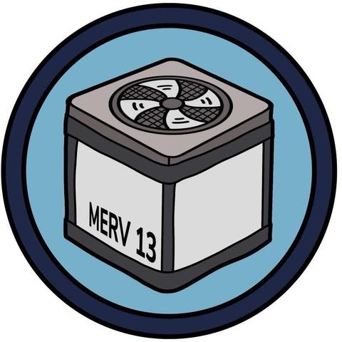 circle badge with Corsi-Rosenthal box comprised of square HEPA filters on the sides and a square box fan on the top