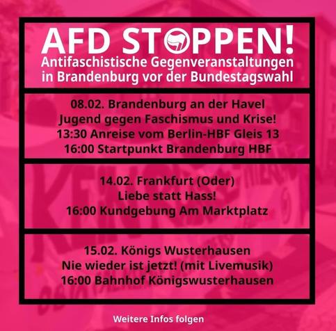 Bild beinhaltet den Text aus dem Beitrag in schwarzer Schrift auf dunkel pinkenen Hintergrund. Leicht durchscheinend ein Foto einer Demonstration mit von Menschen getragenem Banner.