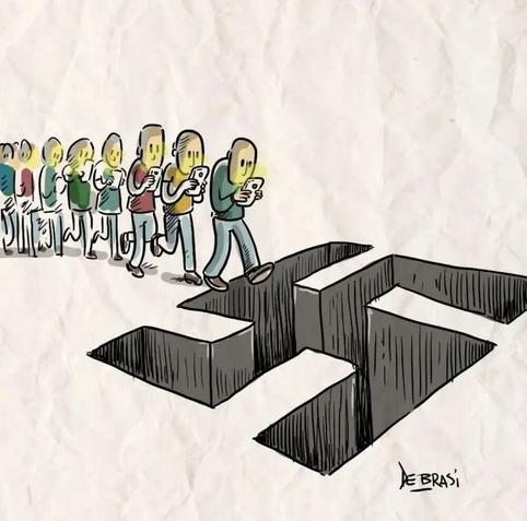Several people staring at their cell phones in a line that leads to a hole in the shape of a swastika.