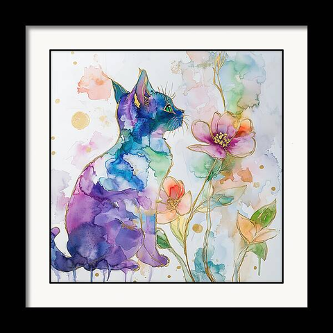 A framed art print of a watercolor mixed media kitty in the colors of purple, blue and green,  next to pink and orange flowers. The cat and flowers are outlined with gold veiled etching. Art by Lisa S Baker.