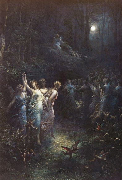 “Illustration by Gustave Doré depicting a scene from Shakespeare’s A Midsummer Night’s Dream, showing fantastical creatures and characters in a dreamlike forest setting.”