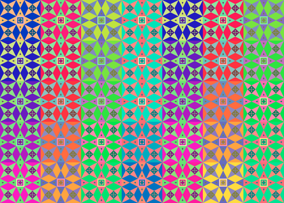 Screenshot of a p5js sketch, showcasing a simplified version of a part of a geometric antique floor mosaic from cyprus repeated in a 7 by 5 grid with varying very strong colors, the pattern on the background of each tile is blended with the "exclusion" blendMode, which results in a good contrast.