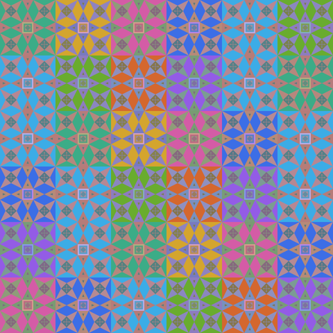 Screenshot of a p5js sketch, showcasing a simplified version of a part of a geometric antique floor mosaic from cyprus repeated in a 5 by 5 grid with varying very strong colors in the background, the pattern on each tile is blended with the "exclusion" blendMode, the brightness is lowered slightly. The colour change also results in a kind of repetition.
