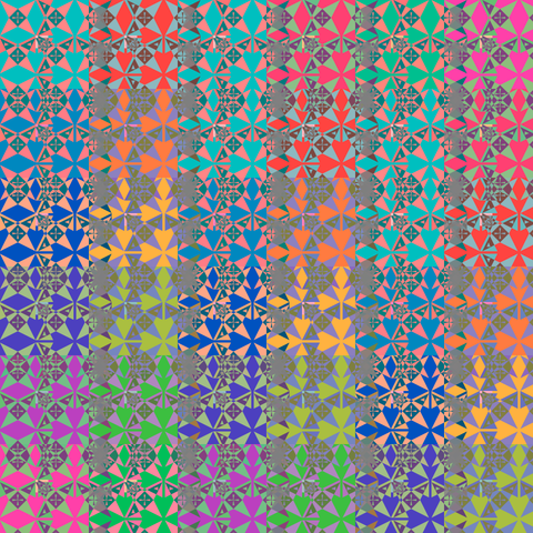 Screenshot of the same p5js sketch, but here I messed around with the mosaic, so its no longe symmetric, but makes a nice effect as well, looks even a bit glitched.