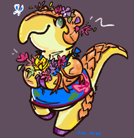 it is digital fanart by me of anabelle the pangolin girl, carrying an armload of flowers and wearing a flower crown.