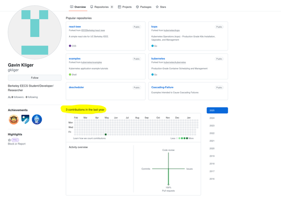 Screenshot of Github profile page of Gavin Kliger. Showing the amount of 3 commits.