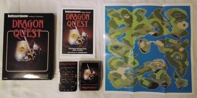 Photo of Dragon Quest for Intellivision box, instruction book, cartridge, controller overlay, and world map.