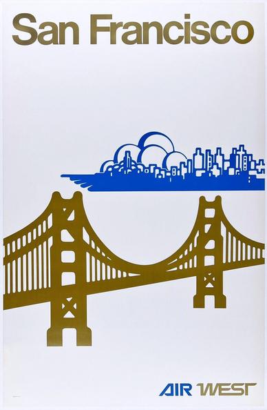 A simple design. In the center is the Golden Gate Bridge in a gold color. over it and off center to the right, the city of San Francisco