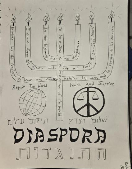 Shivti with words in Hebrew and Engliah, a 7 branched menorah, a peace sign with scales of justice imposed, and a globe.