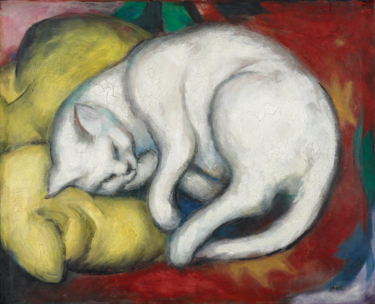 The motif suggests domesticity, peace , privacy, softness, warmth . But in this picture and in his animal pictures in general , Marc was interested in more than the unpretentiousness of safe motifs. He was driven by the search for a 'pure and light style ', as he wrote, and for this he needed an appropriate starting point. Beyond the expressive movements of subjective life development that otherwise characterized modernism, Marc was more interested in the cosmic dimensions of the visible, the rhythm, the organic and crystalline growth in the world of forms in nature . For him as a painter , finding purity meant taking back the meanings and aspects of use attributed to objects and beings and resolving them in a world of innocent encounters between dream and pure idea . For Marc, the ' animal ' is less a motif than an opportunity to rediscover harmony in the larger context of life. And so Franz Marc gives this small picture the splendour of a festive event. The yellow of the pillow is a twin colour with the red of the blanket and its yellow stars, so that the gentle harmony emerges from the objects in the background. The sleeping cat, however, radiates white and alien from these tones like an untouchable royal animal that is happy with the most magnificent things, as long as it can be slept on. The audience's deep affection for this cat stems from precisely this: from the animal's oneness with itself, which is celebrated in the spiritual order of its picture.
