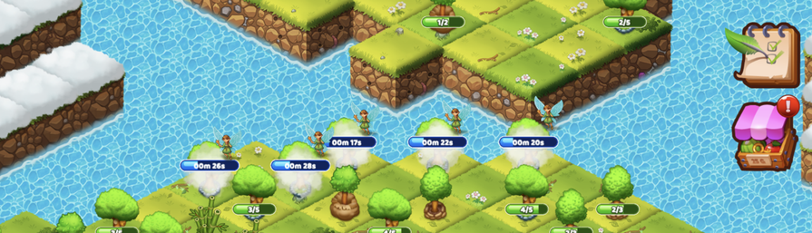 A blocky gameworld with a series of fairies each doing something in a puff of smoke. The time each fairy's work will take is displayed in minutes and seconds. Most fairies are near the end of their task