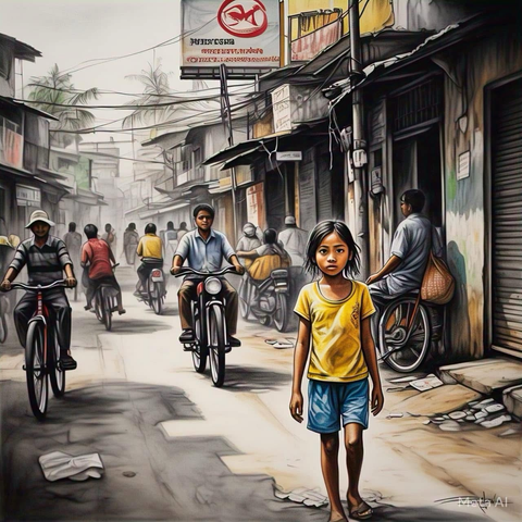 Meta AI drawing of a street in maybe Asia with a dark haired girl in a yellow shirt in the foreground. Various people primarily men are on bikes and motorcycles in the background. The street is crowded and the short buildings push into the street.
