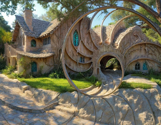 A whimsical fantasy wooden house with circular organic shapes, intricate carved details, green surroundings, and sunlight highlighting its unique design.