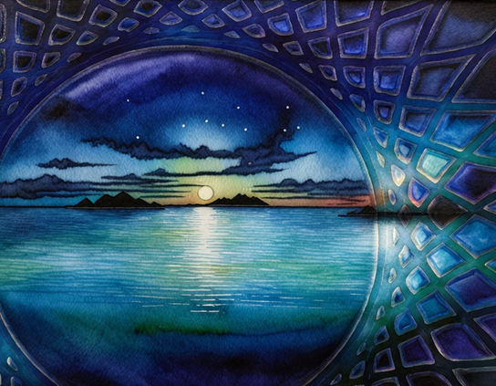 A calm sunset over a still ocean, with stars coming out in a vibrant indigo sky, a touch of color at the horizon, and an intricate blue lattice framing the scene. Watercolor style.