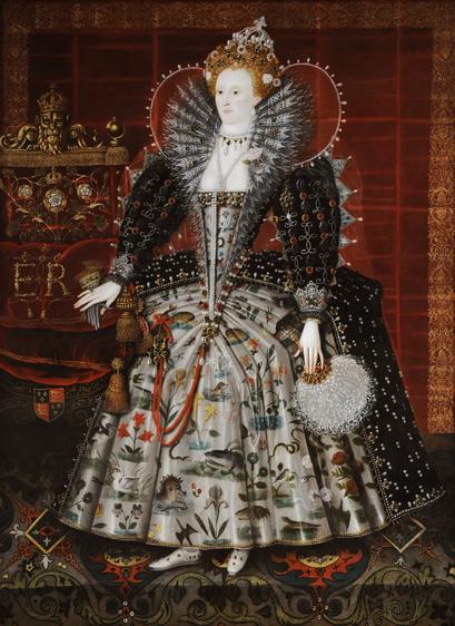A portrait of Elizabeth I of England wearing a dress in the style of the late 1590s: two huge ruffs, ballooning sleeves, a bit of decolletage over a long thin triangular bodice, the point of which extends well down over the front of her skirt. The black and gold outer dress is open over a white silk underskirt with heavy pleats starting remarkably low down on the figure. And everything - but EVERYTHING - is heavily embellished.
