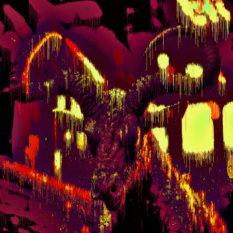 Head shot of a goat-like demon with long curved horns, with pixel sorting so the creature appears to be melting, and a yellow, red, and magenta colorscheme for the whole image