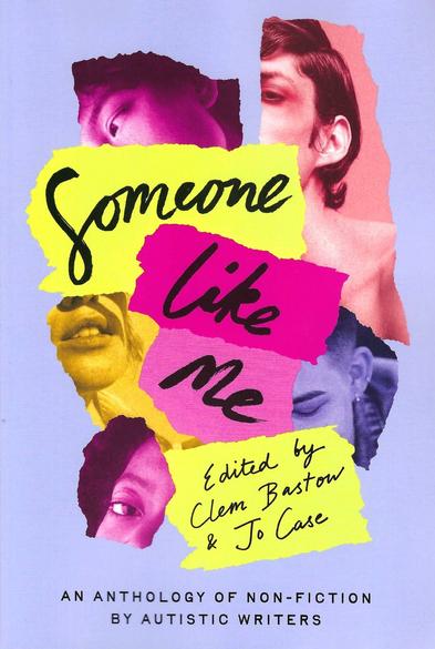 The front cover of the anthology Some Like Me. Its background colour is pale purple and the title is printed over slices of yellow and pink on top of images showing people ripped into thin slithers collage style.