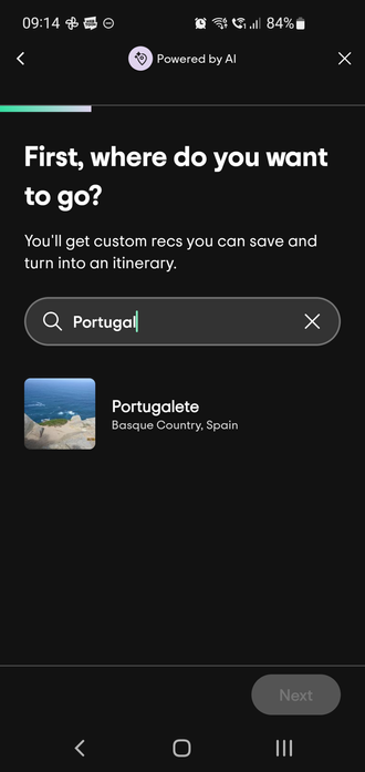 Screenshot of the TripAdvisor app with the only result for a search for Portugal being Portugalete.