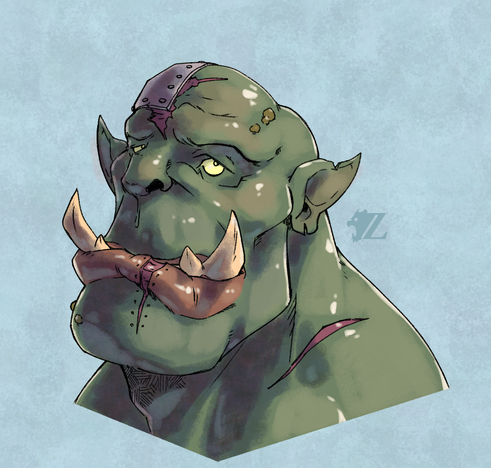 An unnamed ork in the style of Warhammer 40,000. His eyebrows are raised a bit as his blemished and scarred face makes a surprisingly vulnerable expression.