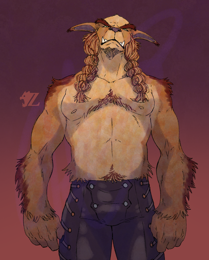 Grufus, a large muscular bugbear, stands tall, looking down disapprovingly to the viewer. He has narrow yellow eyes, thick brown eyebrows, long ears ending in brown tufts of fur, as well as tusks on his feline lips and long braids of fur resting on his chest from his sideburns. He wears a well-fitted pair of leather breeches with snaps on the codpiece and laced up the sides of the thighs.