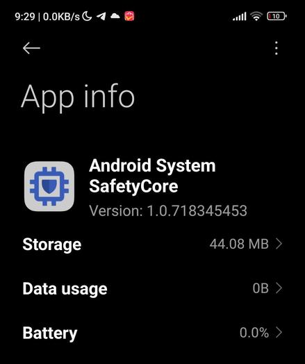 Screenshot of the Android app screen showing the installed Android System Safety Core app