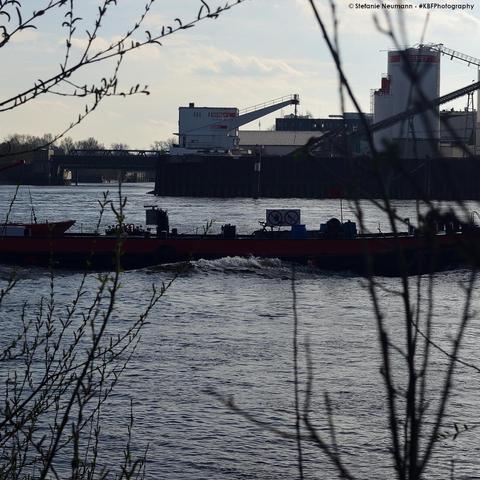 A work ferry on a river in front of an industrial area at the opposite shore. The scene is seen through bare branches.