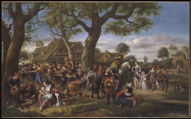 The painting "Peasants Dancing before an Inn" by Jan Steen