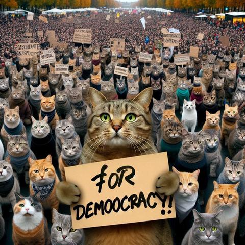 Hundreds of cats demonstrate. One of the cats in the foreground is holding up a poster. The English text on the placard reads “For democracy!” Created by AI.