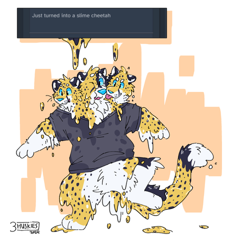 Art of Kit, Tai and Ike, a husky cerberus, getting covered by goopy yellow and black spotted slime dripping from above and turning them into a goopy three-headed cheetah instead.