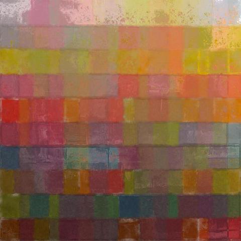 A square artwork containing 160 rectangles lined up in rows. The rectangles are coloured in slightly muted tones in a wide range of colours arranged by luminance, from pastel tones at the top to quite dark ones at the bottom. While made digitally in Photoshop, it has more of a watercolour character, with overlaps, 'messiness' and spatter.