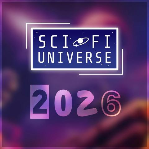 Sopra il titolo "Sci-Fi Universe" c'è un blocco blu rettangolare con la scritta "Sci-Fi Universe" e un'immagine stilizzata di un pianeta. C'è anche l'anno "2026" con un carattere tipografico grassetto.