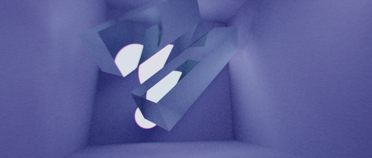 Three translucent pillars flying around in a blueish room
Bright circles on one wall