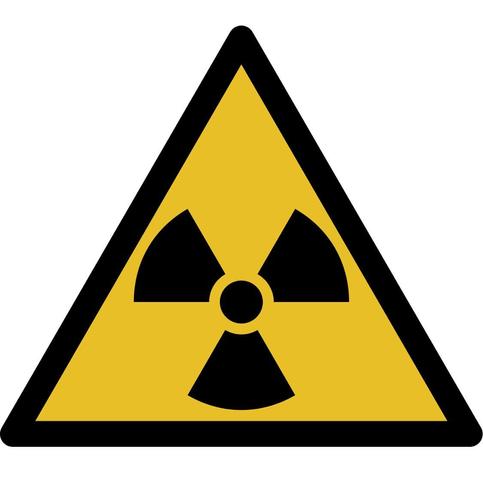 Ein gelbes Warnsymbol in Form eines Dreiecks mit einem schwarzen Rand. In der Mitte des Symbols befindet sich ein schwarzes Atomzeichen, bestehend aus einem zentralen Kreis, von dem drei gebogene Strahlen ausgehen.