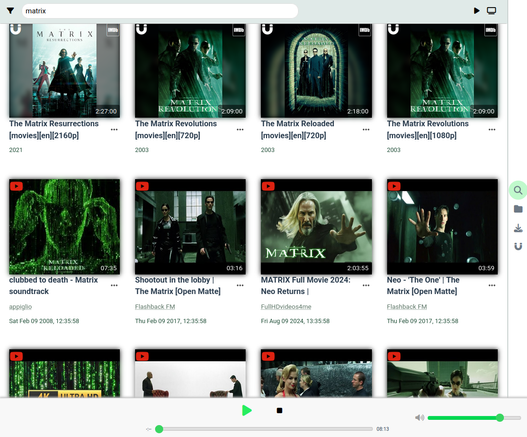 Screenshot of the media search UI, integrating results from multiple media backends (local files, Jellyfin, torrents, YouTube...)