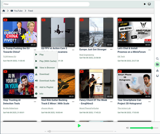 Screenshot of a YouTube feed view from the media UI