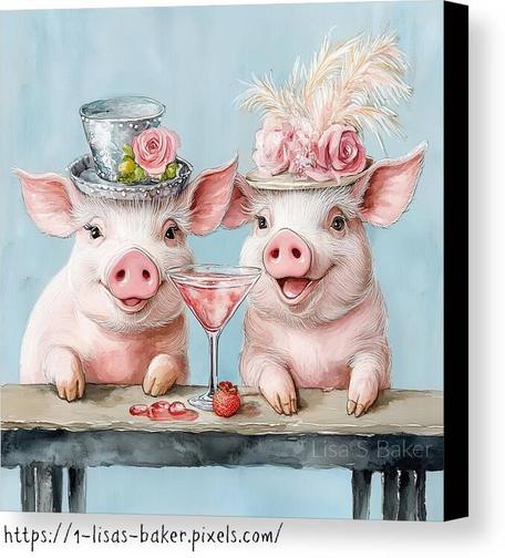 An art print of two cute piglets wear fancy hats adorned with flowers and feathers while leaning on a table. Between them, a cocktail glass filled with a pink martini beverage and a strawberry is placed. Art by Lisa S Baker.