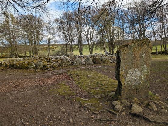 To the right side is a medium-height standing stone. Behind it to the left is a large ring cairn made of stacked stones. The standing stone is connected to the cairn by a slightly raised mossy path.