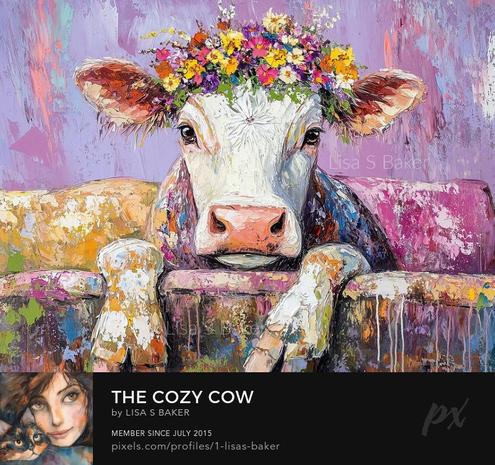 An art print of a cow with a flower crown cozy on a couch. Art by Lisa S Baker.