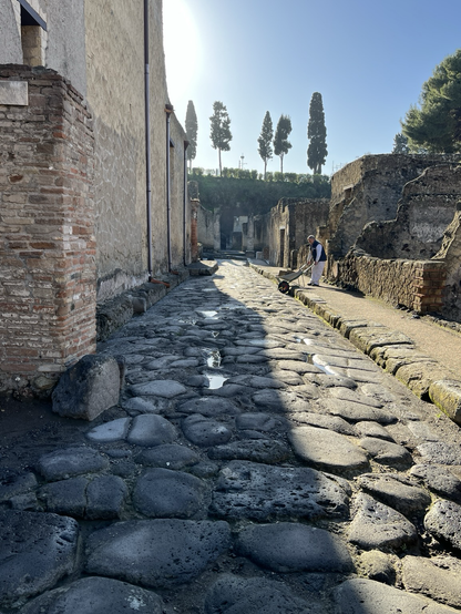 Ancient, narrow cobblestone street bounded on one side by a brick wall and on the other by crumbling ruins. Halfway down the street, a worker edges a wheelbarrow from the curb into the street. Beyond that point, the street dead-ends into a concrete wall, overgrown with greenery. Above the dead end are several trees, poking up into a blue sky.
