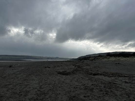 Overcast sky over a wide, empty beach with distant hills and scattered driftwood.