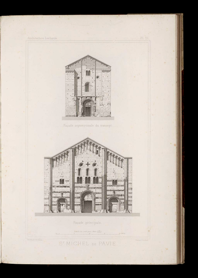 Disegno al tratto delle viste frontali della facciata del transetto nord e della facciata principale della chiesa di San Michele a Pavia.
La facciata principale è a capanna, ad unico spiovente, tripartita da lesene a tutta altezza. Ai piedi tre portali a tutto sesto strombati con più ghiere decorate a rilievo. Quello centrale è più grande dei laterali.
Sopra i portali si aprono alcune bifore; più sopa tre monofore fortemente strombate e più in alto due occhi rotondi e una croce.
Gli spioventi sono coronati da una loggetta cieca con colonnine.
Le due didascalie recitano:
Façade septentrionale du transept
Façade principale
Titolo della tavola:
ST MICHEL DE PAVIE