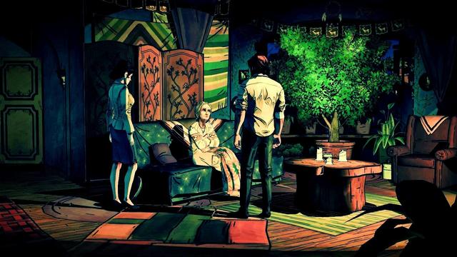 Sheriff Bigby and Snow White interrogate Aunty Greenleaf's involvement in contraband from her living room, with the Glamour Tree in the background.