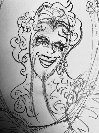 Pencil sketches trying to capture the feeling of  “I never will forget 
how that
Brave Jeanette
just stood there
in the ruins
and sang…
… and sang…”

A woman flings her arms up as she sings to cheer her fellow citizens up. She has curly hair, adorned with flowers.