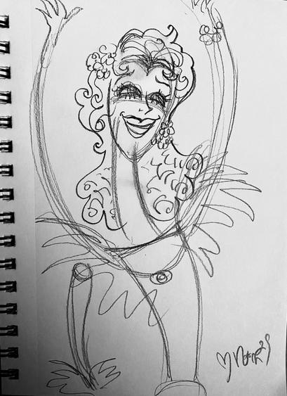 Pencil sketches trying to capture the feeling of  “I never will forget 
how that
Brave Jeanette
just stood there
in the ruins
and sang…
… and sang…”

A woman flings her arms up as she sings to cheer her fellow citizens up. She has curly hair, adorned with flowers.