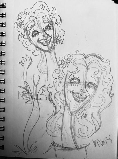 Pencil sketches trying to capture the feeling of  “I never will forget 
how that
Brave Jeanette
just stood there
in the ruins
and sang…
… and sang…”

A woman flings her arms up as she sings to cheer her fellow citizens up. She has curly hair, adorned with flowers.
