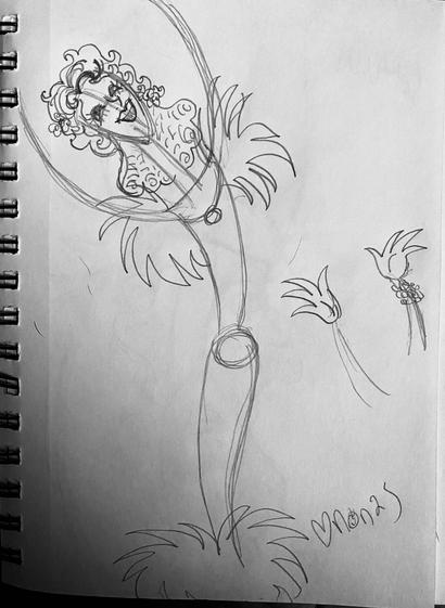 Pencil sketches trying to capture the feeling of  “I never will forget 
how that
Brave Jeanette
just stood there
in the ruins
and sang…
… and sang…”

A woman flings her arms up as she sings to cheer her fellow citizens up. She has curly hair, adorned with flowers.